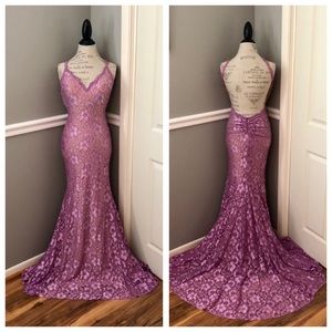 NEW JOVANI SZ 2 LAVENDER NUDE ILLUSION LACE BEADED BACKLESS FORMAL EVENING GOWN